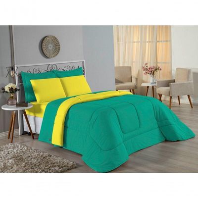 Kit Edredom Dupla Face  Jogo De Lençol Casal Viúva Nobre 7 Peças  100% Algodão - Jade  Amarelo