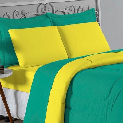 Kit Edredom Dupla Face  Jogo De Lençol Casal Viúva Nobre 7 Peças  100% Algodão - Jade  Amarelo