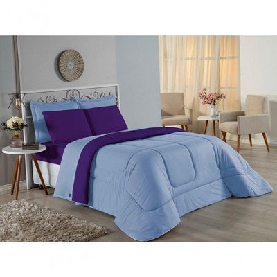Kit Edredom Dupla Face  Jogo De Lençol Casal Viúva Nobre 7 Peças  100% Algodão - Azul-bebê  Roxo