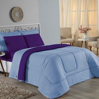 Kit Edredom Dupla Face  Jogo De Lençol Casal Viúva Nobre 7 Peças  100% Algodão - Azul-bebê  Roxo