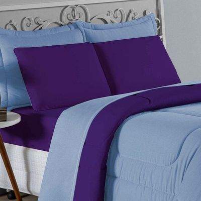 Kit Edredom Dupla Face  Jogo De Lençol Casal Viúva Nobre 7 Peças  100% Algodão - Azul-bebê  Roxo