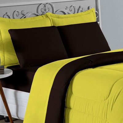 Kit Edredom Dupla Face  Jogo De Lençol Casal Viúva Nobre 7 Peças  100% Algodão - Amarelo  Preto
