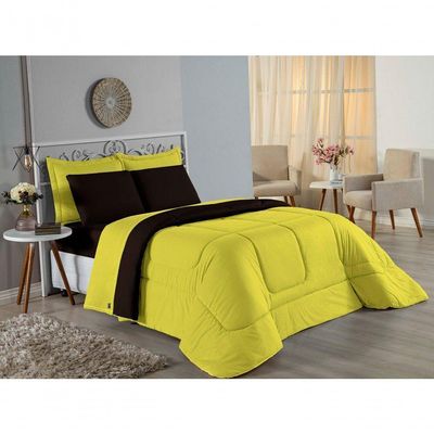 Kit Edredom Dupla Face  Jogo De Lençol Casal Viúva Nobre 7 Peças  100% Algodão - Amarelo  Preto