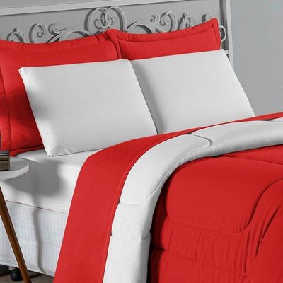 Kit Edredom Dupla Face  Jogo De Lençol Casal Viúva Nobre 6 Peças  100% Algodão - Vermelho  Branco
