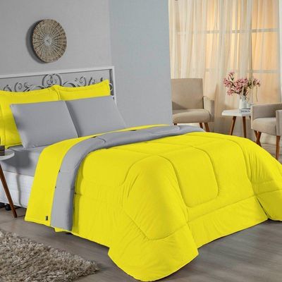Kit Edredom Dupla Face  Jogo De Lençol Casal Viúva Nobre 7 Peças  100% Algodão - Amarelo  Cinza