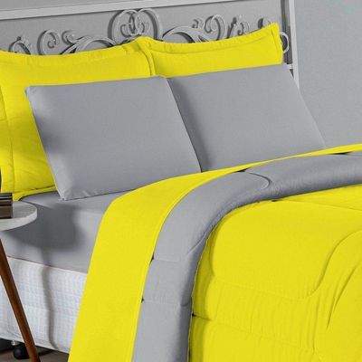 Kit Edredom Dupla Face  Jogo De Lençol Casal Viúva Nobre 7 Peças  100% Algodão - Amarelo  Cinza