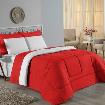 Kit Edredom Dupla Face  Jogo De Lençol Casal Viúva Nobre 6 Peças  100% Algodão - Vermelho  Branco