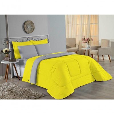 Kit Edredom Dupla Face  Jogo De Lençol Casal Viúva Nobre 7 Peças  100% Algodão - Amarelo  Cinza
