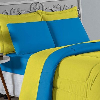 Kit Edredom Dupla Face  Jogo De Lençol Casal Viúva Nobre 7 Peças  100% Algodão - Amarelo  Turquesa
