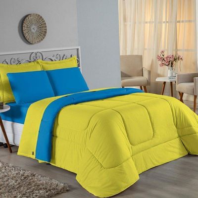 Kit Edredom Dupla Face  Jogo De Lençol Casal Viúva Nobre 7 Peças  100% Algodão - Amarelo  Turquesa