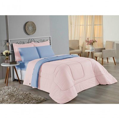 Kit Edredom Dupla Face  Jogo De Lençol Casal Viúva Nobre 6 Peças  100% Algodão - Rosa  Azul-bebê