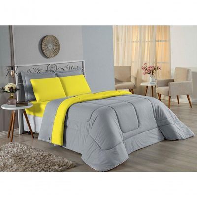 Kit Edredom Dupla Face  Jogo De Lençol Casal Viúva Nobre 6 Peças  100% Algodão - Cinza  Amarelo