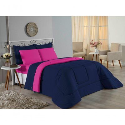 Kit Edredom Dupla Face  Jogo De Lençol Casal Viúva Nobre 6 Peças  100% Algodão - Azul-marinho  Pink