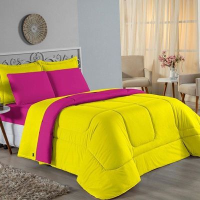 Kit Edredom Dupla Face  Jogo De Lençol Casal Viúva Nobre 6 Peças  100% Algodão - Amarelo  Pink