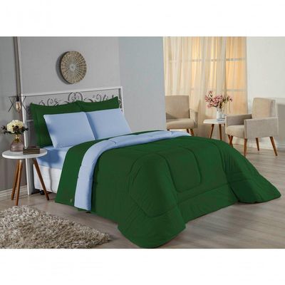 Kit Edredom Dupla Face  Jogo De Lençol Casal Nobre 7 Peças  100% Algodão - Verde-bandeira  Azul-bebê
