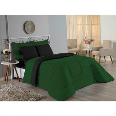 Kit Edredom Dupla Face  Jogo De Lençol Casal Nobre 7 Peças  100% Algodão - Verde-bandeira  Preto