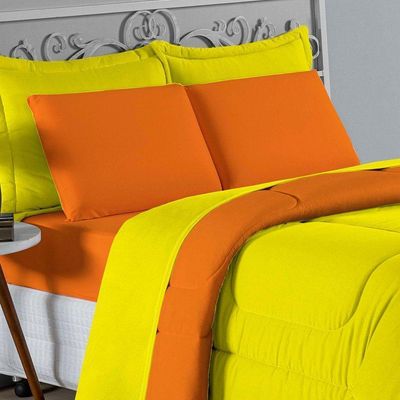 Kit Edredom Dupla Face  Jogo De Lençol Casal Viúva Nobre 6 Peças  100% Algodão - Amarelo  Laranja
