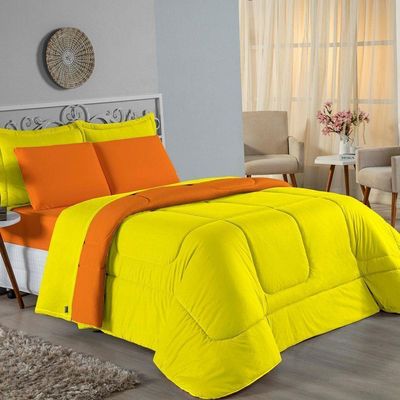 Kit Edredom Dupla Face  Jogo De Lençol Casal Viúva Nobre 6 Peças  100% Algodão - Amarelo  Laranja