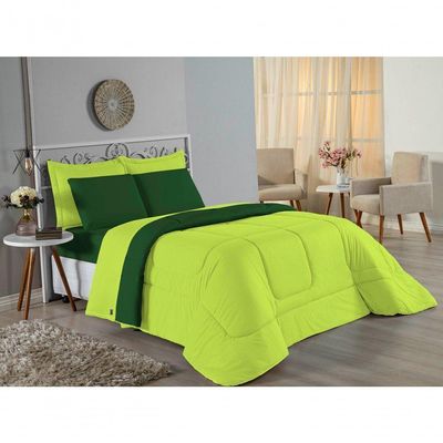 Kit Edredom Dupla Face  Jogo De Lençol Casal Nobre 7 Peças  100% Algodão - Pistache  Verde-bandeira