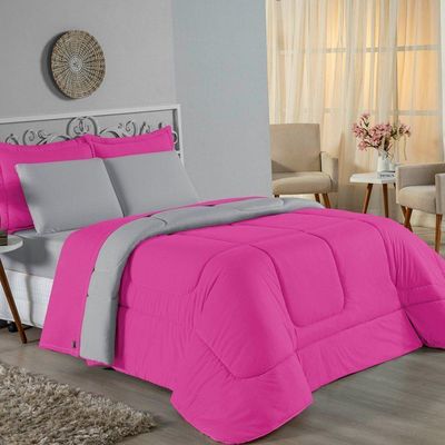 Kit Edredom Dupla Face + Jogo De Lençol Casal Viúva Nobre 7 Peças Malha 100% Algodão - Pink / Cinza