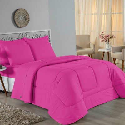 Kit Edredom Dupla Face + Jogo De Lençol Casal Viúva Nobre 7 Peças Malha 100% Algodão - Pink