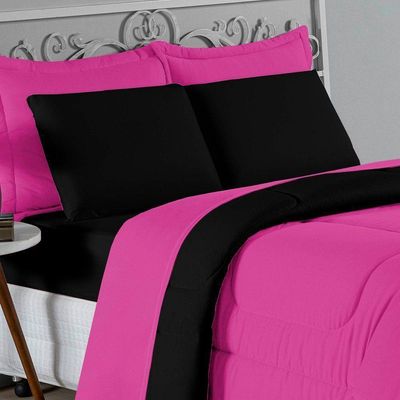 Kit Edredom Dupla Face + Jogo De Lençol Casal Viúva Nobre 7 Peças Malha 100% Algodão - Pink / Preto