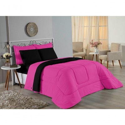 Kit Edredom Dupla Face + Jogo De Lençol Casal Viúva Nobre 7 Peças Malha 100% Algodão - Pink / Preto