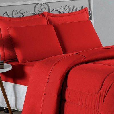Kit Edredom Dupla Face + Jogo De Lençol Casal Viúva Nobre 6 Peças Malha 100% Algodão - Vermelho