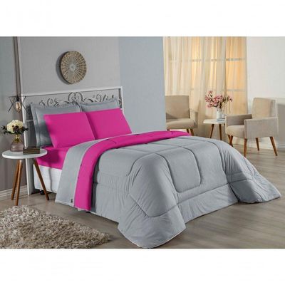 Kit Edredom Dupla Face + Jogo De Lençol Casal Viúva Nobre 7 Peças Malha 100% Algodão - Cinza / Pink