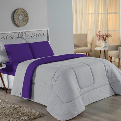 Kit Edredom Dupla Face + Jogo De Lençol Casal Viúva Nobre 7 Peças Malha 100% Algodão - Cinza / Roxo