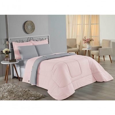 Kit Edredom Dupla Face + Jogo De Lençol Casal Viúva Nobre 6 Peças Malha 100% Algodão - Rosa / Cinza