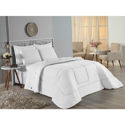 Kit Edredom Dupla Face + Jogo De Lençol Casal Viúva Nobre 6 Peças Malha 100% Algodão - Branco