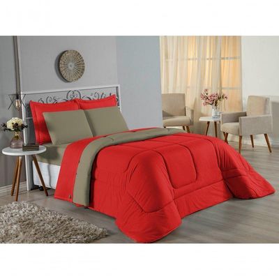 Kit Edredom Dupla Face + Jogo De Lençol Casal Nobre 7 Peças Malha 100% Algodão - Vermelho / Avelã