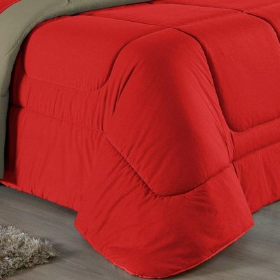 Kit Edredom Dupla Face + Jogo De Lençol Casal Nobre 7 Peças Malha 100% Algodão - Vermelho / Avelã