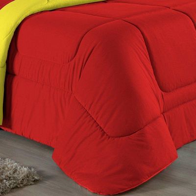 Kit Edredom Dupla Face + Jogo De Lençol Casal Nobre 7 Peças Malha 100% Algodão - Vermelho / Amarelo