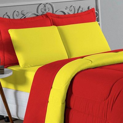 Kit Edredom Dupla Face + Jogo De Lençol Casal Nobre 7 Peças Malha 100% Algodão - Vermelho / Amarelo