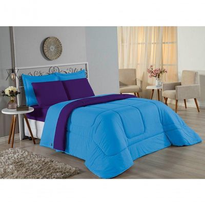 Kit Edredom Dupla Face + Jogo De Lençol Casal Nobre 7 Peças Malha 100% Algodão - Turquesa / Roxo