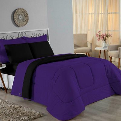 Kit Edredom Dupla Face + Jogo De Lençol Casal Nobre 7 Peças Malha 100% Algodão - Roxo / Preto