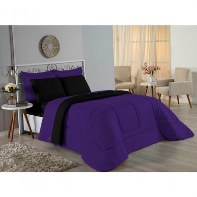 Kit Edredom Dupla Face + Jogo De Lençol Casal Nobre 7 Peças Malha 100% Algodão - Roxo / Preto