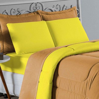 Kit Edredom Dupla Face + Jogo De Lençol Casal Nobre 7 Peças Malha 100% Algodão - Cobre / Amarelo