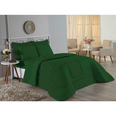 Kit Edredom Dupla Face + Jogo De Lençol Casal Nobre 7 Peças Malha 100% Algodão - Verde-bandeira