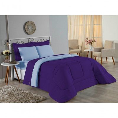 Kit Edredom Dupla Face + Jogo De Lençol Casal Nobre 7 Peças Malha 100% Algodão - Roxo / Azul-bebê
