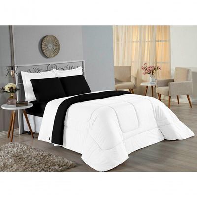Kit Edredom Dupla Face + Jogo De Lençol Casal Nobre 7 Peças Malha 100% Algodão - Branco / Preto