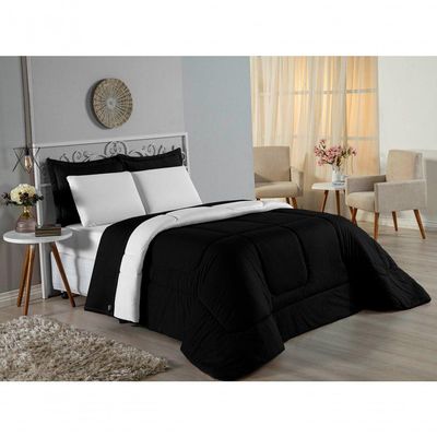 Kit Edredom Dupla Face + Jogo De Lençol Casal Nobre 7 Peças Malha 100% Algodão - Preto / Branco