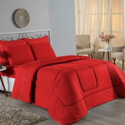 Kit Edredom Dupla Face + Jogo De Lençol Casal Nobre 7 Peças Malha 100% Algodão - Vermelho