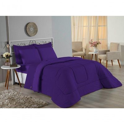 Kit Edredom Dupla Face + Jogo De Lençol Casal Nobre 7 Peças Malha 100% Algodão - Roxo