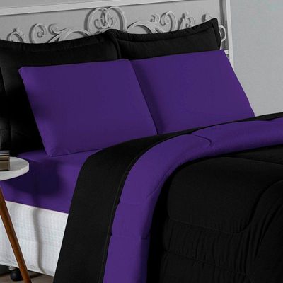 Kit Edredom Dupla Face + Jogo De Lençol Casal Nobre 7 Peças Malha 100% Algodão - Preto / Roxo