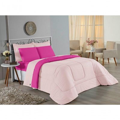 Kit Edredom Dupla Face + Jogo De Lençol Casal Nobre 7 Peças Malha 100% Algodão - Rosa / Pink