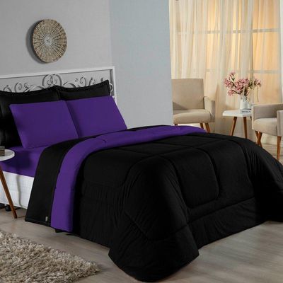 Kit Edredom Dupla Face + Jogo De Lençol Casal Nobre 7 Peças Malha 100% Algodão - Preto / Roxo
