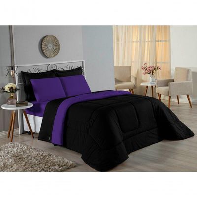 Kit Edredom Dupla Face + Jogo De Lençol Casal Nobre 7 Peças Malha 100% Algodão - Preto / Roxo